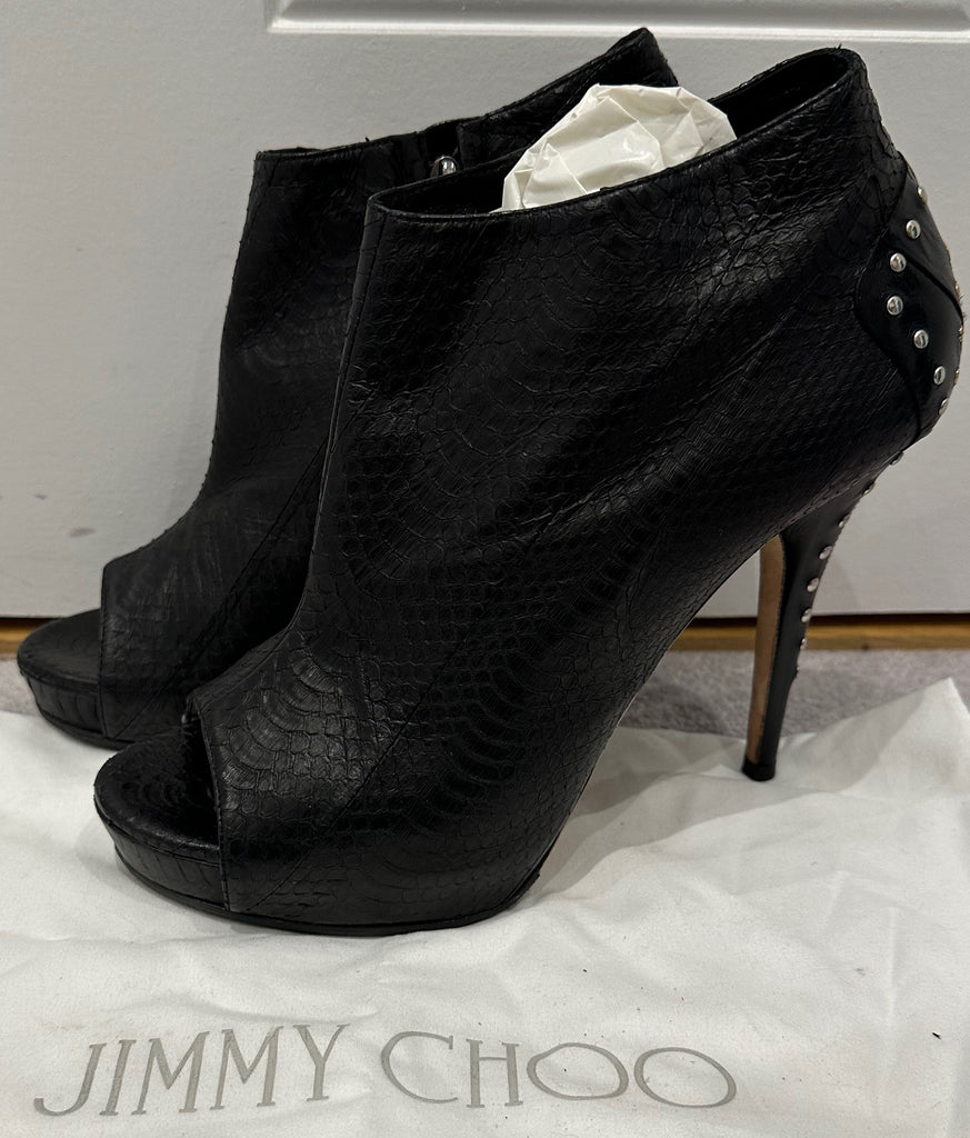 JIMMY CHOO Black Leather Peep Toe Concealed Platform Stiletto Ankle Boots 39 UK6
