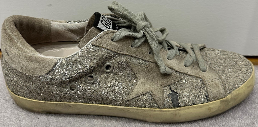 GOLDEN GOOSE DELUXE BRAND Superstar Silver Grey Glitter and Suede Sneakers UK6