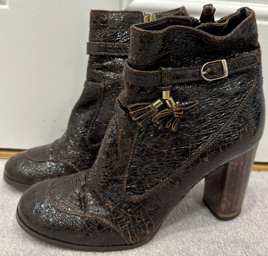 STELLA MCCARTNEY Brown Faux Patent Crackle Effect Ankle Boots EU39.5 UK6.5