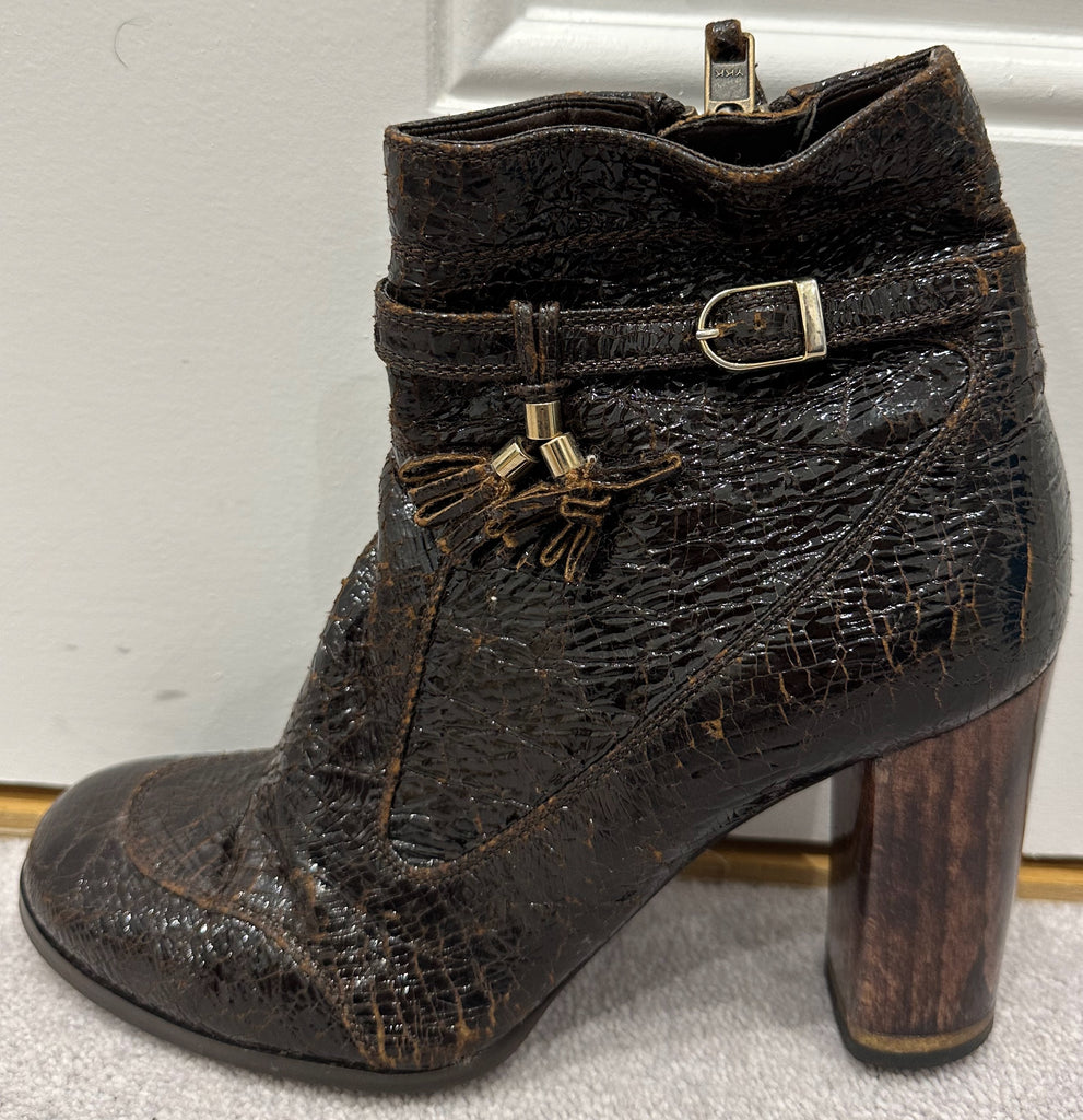 STELLA MCCARTNEY Brown Faux Patent Crackle Effect Ankle Boots EU39.5 UK6.5