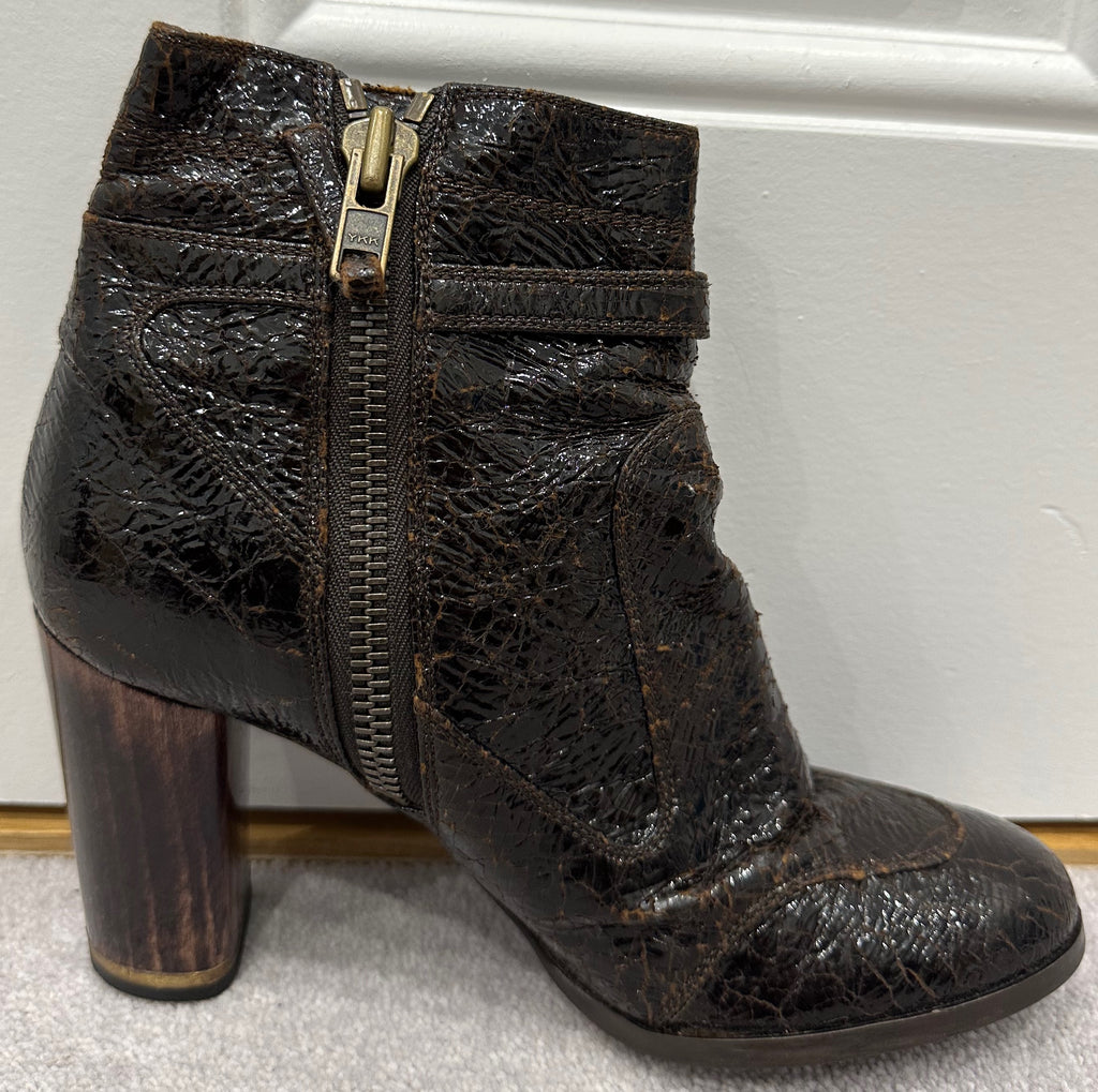 STELLA MCCARTNEY Brown Faux Patent Crackle Effect Ankle Boots EU39.5 UK6.5