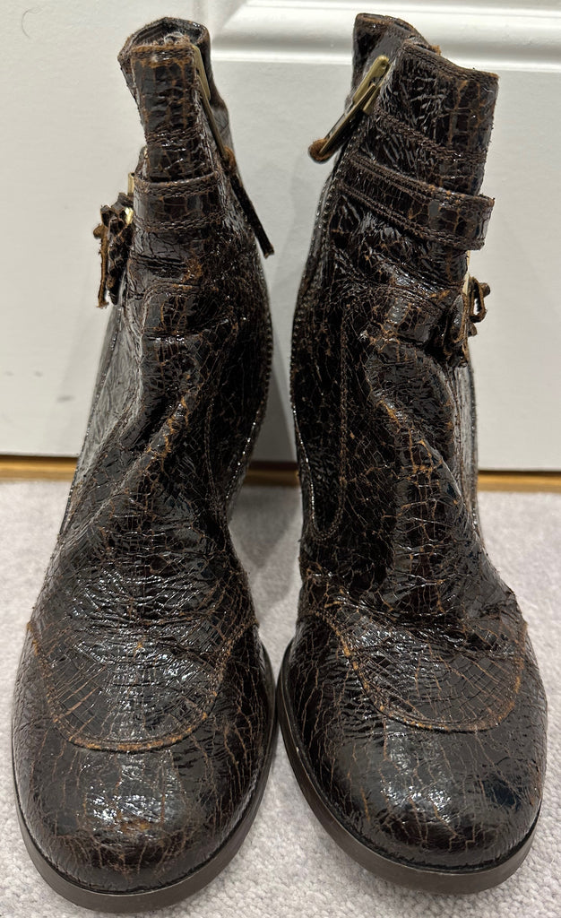 STELLA MCCARTNEY Brown Faux Patent Crackle Effect Ankle Boots EU39.5 UK6.5