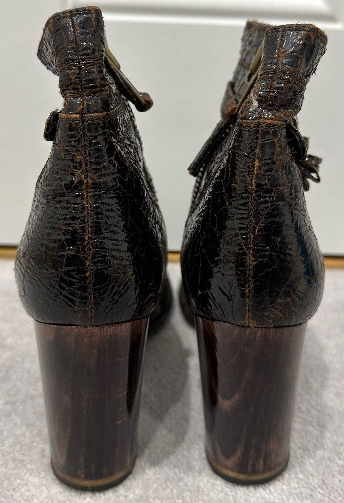 STELLA MCCARTNEY Brown Faux Patent Crackle Effect Ankle Boots EU39.5 UK6.5