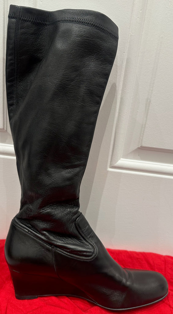 BALLY Black Leather Pull On Tall Wedge Heel Boots EU39 UK6 - With Dust Bag