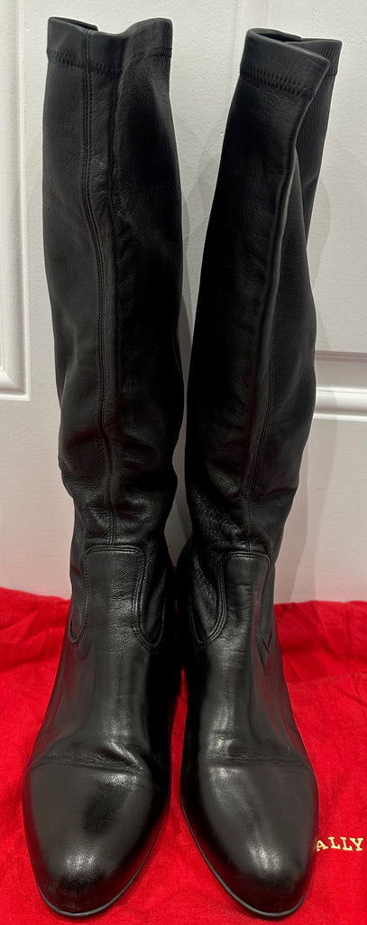 BALLY Black Leather Pull On Tall Wedge Heel Boots EU39 UK6 - With Dust Bag