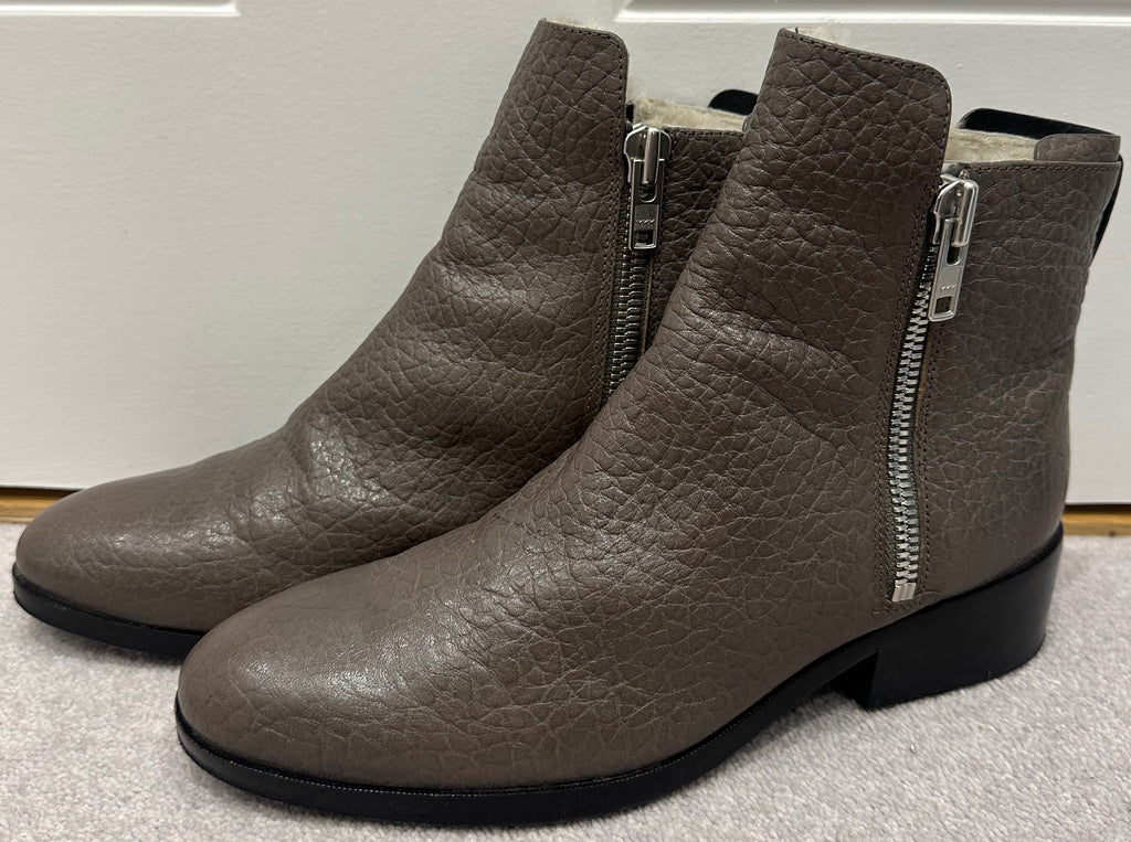 3.1 PHILLIP LIM Taupe Brown Pebbled Leather Cream Fleece Lined Ankle Boots EU39