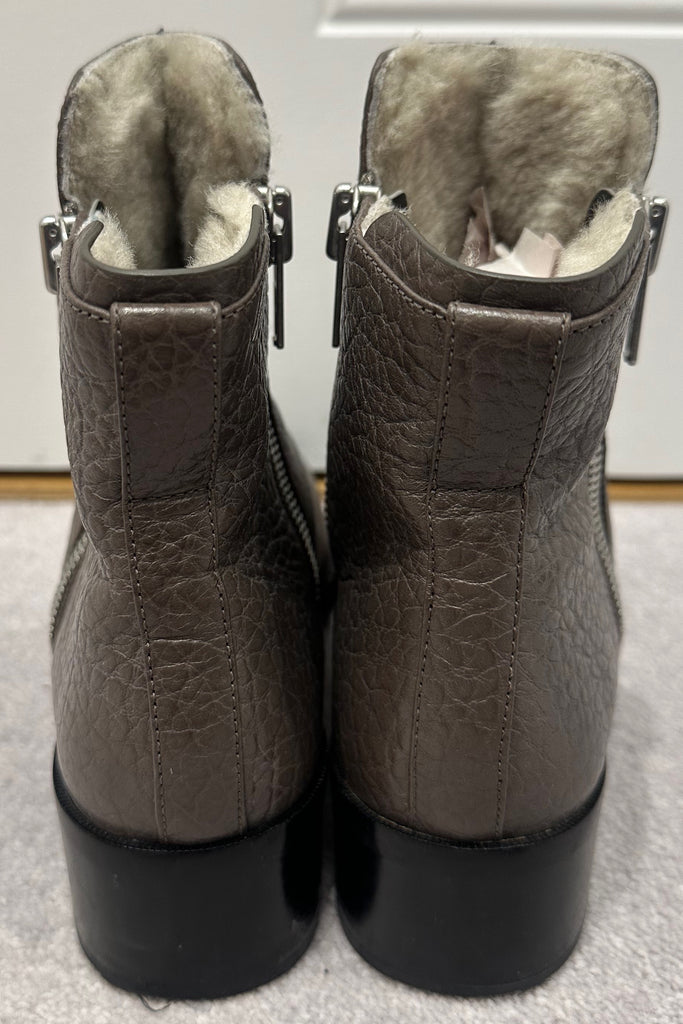 3.1 PHILLIP LIM Taupe Brown Pebbled Leather Cream Fleece Lined Ankle Boots EU39