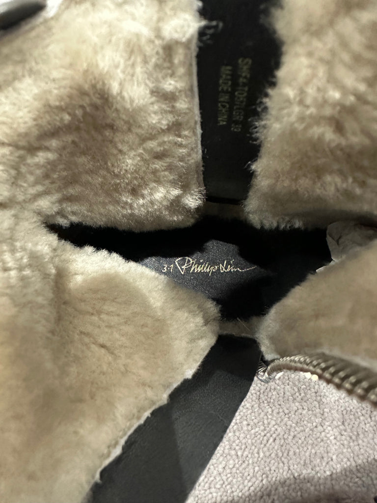 3.1 PHILLIP LIM Taupe Brown Pebbled Leather Cream Fleece Lined Ankle Boots EU39