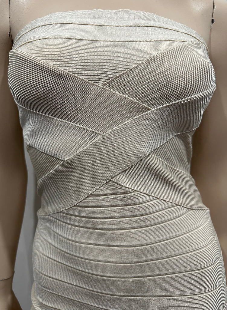 HERVE LEGER Cream Boned Corset Strapless Sleeveless Fringed Bodycon Dress M