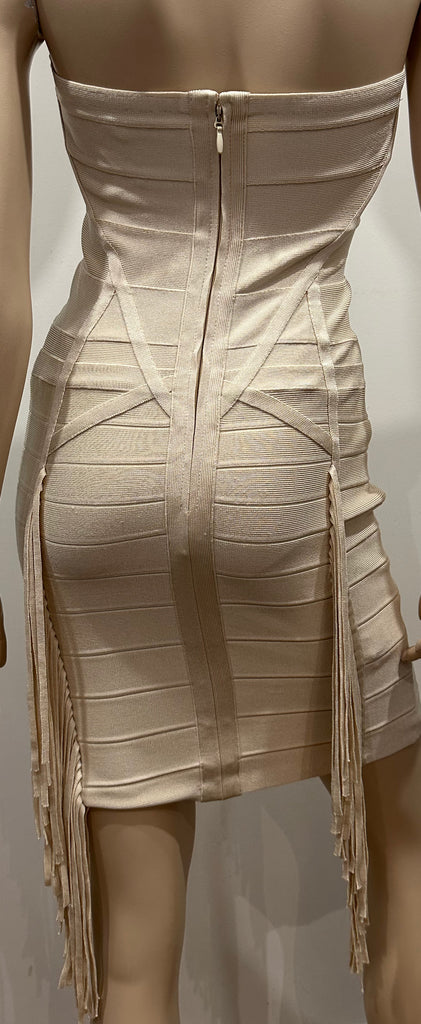 HERVE LEGER Cream Boned Corset Strapless Sleeveless Fringed Bodycon Dress M