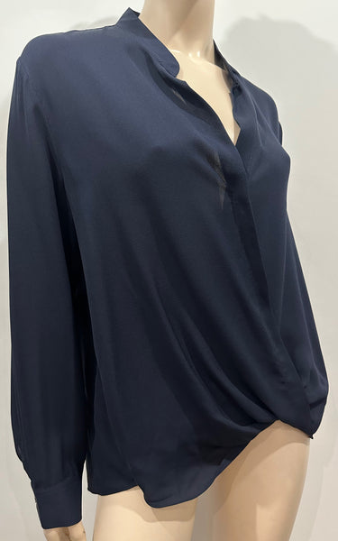 Dodo bar or silk blue white long top sleeve blouse with navy frayed trim women’s 40