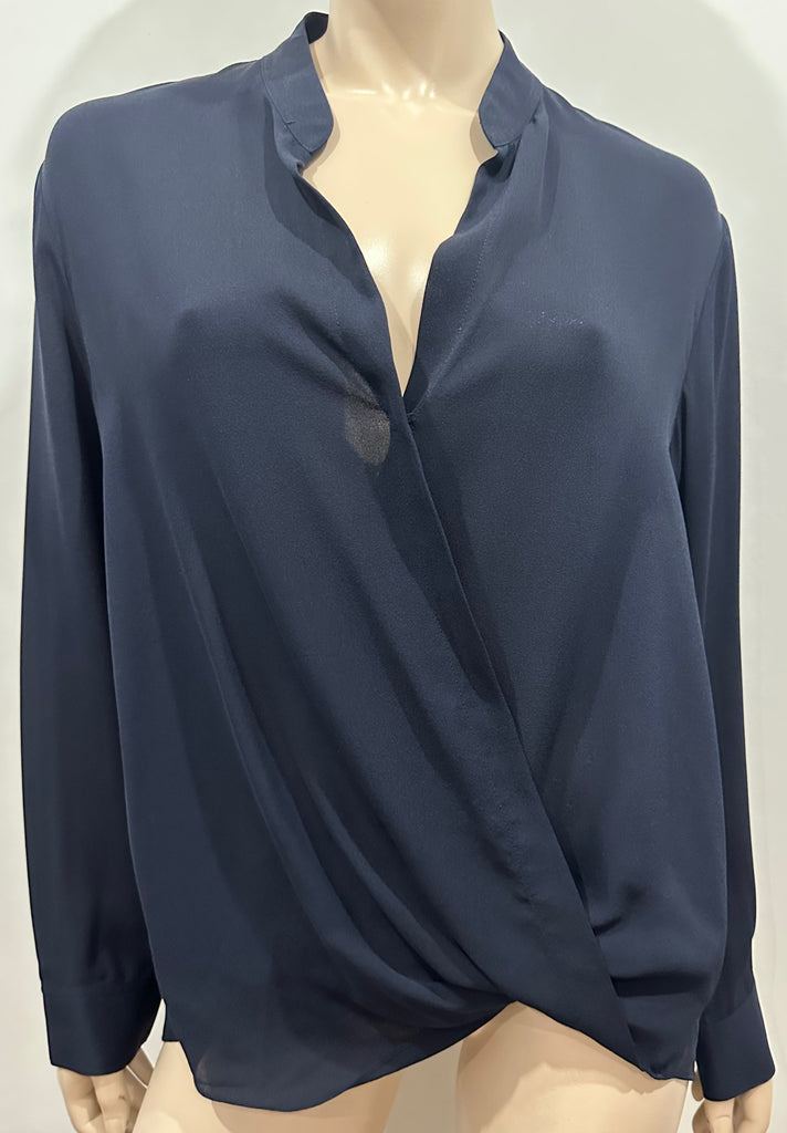 3.1 PHILLIP LIM Navy Blue Silk Crossover V Neck Long Sleeve Blouse Shirt Top US6