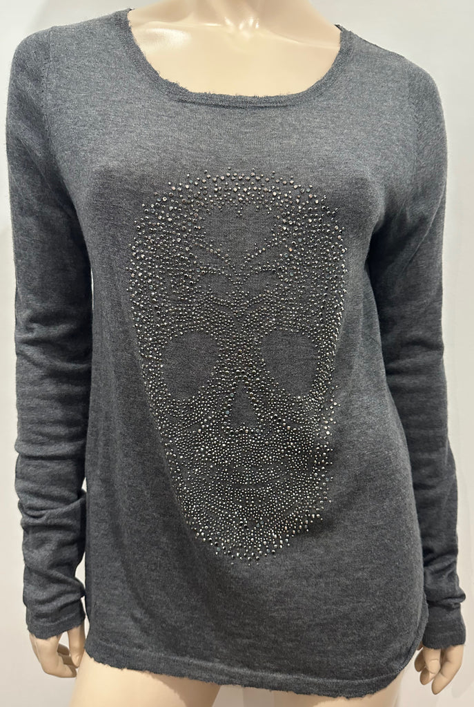 ZADIG & VOLTAIRE DELUXE Charcoal Grey Cashmere Crystal Skull Jumper Sweater M