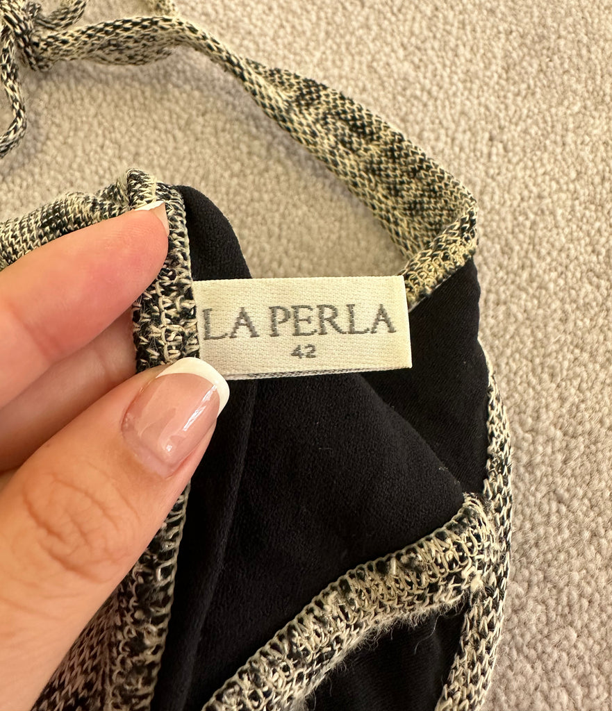 LA PERLA Black White 3 PCE Bikini Top Briefs & Sarong Skirt Beach Swimwear Set