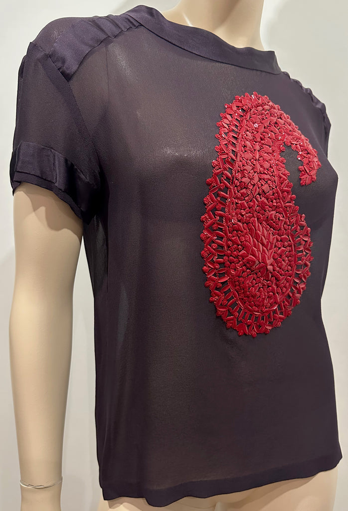 DRIES VAN NOTEN Black Sheer Red Sequin Bead Detail Short Sleeve Blouse Shirt Top