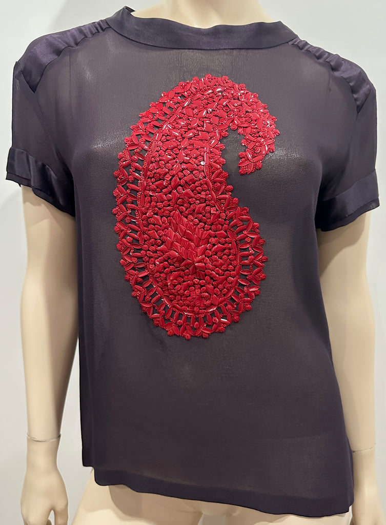 DRIES VAN NOTEN Black Sheer Red Sequin Bead Detail Short Sleeve Blouse Shirt Top