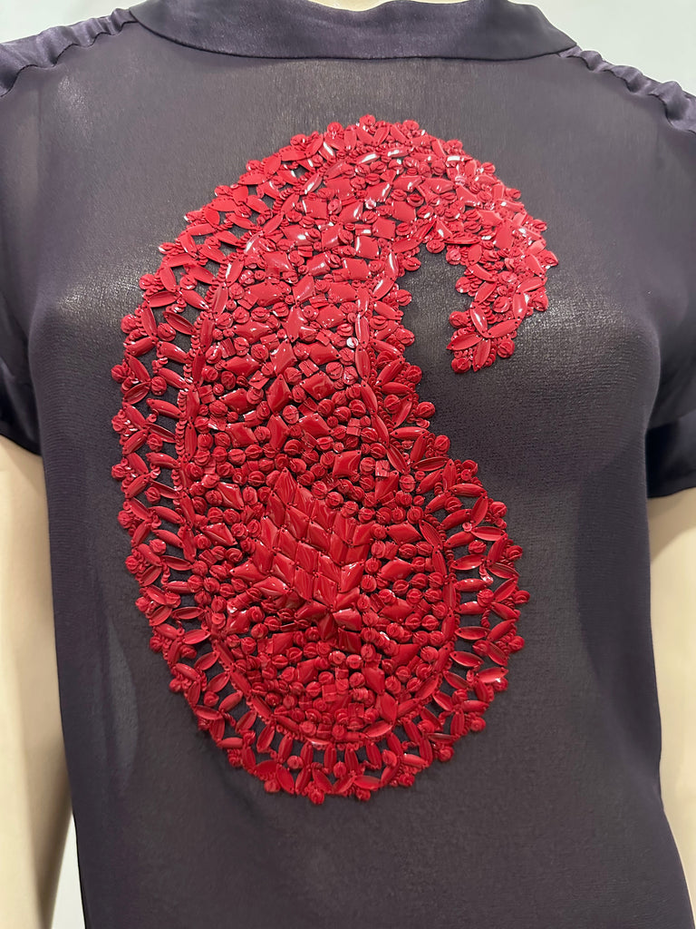 DRIES VAN NOTEN Black Sheer Red Sequin Bead Detail Short Sleeve Blouse Shirt Top