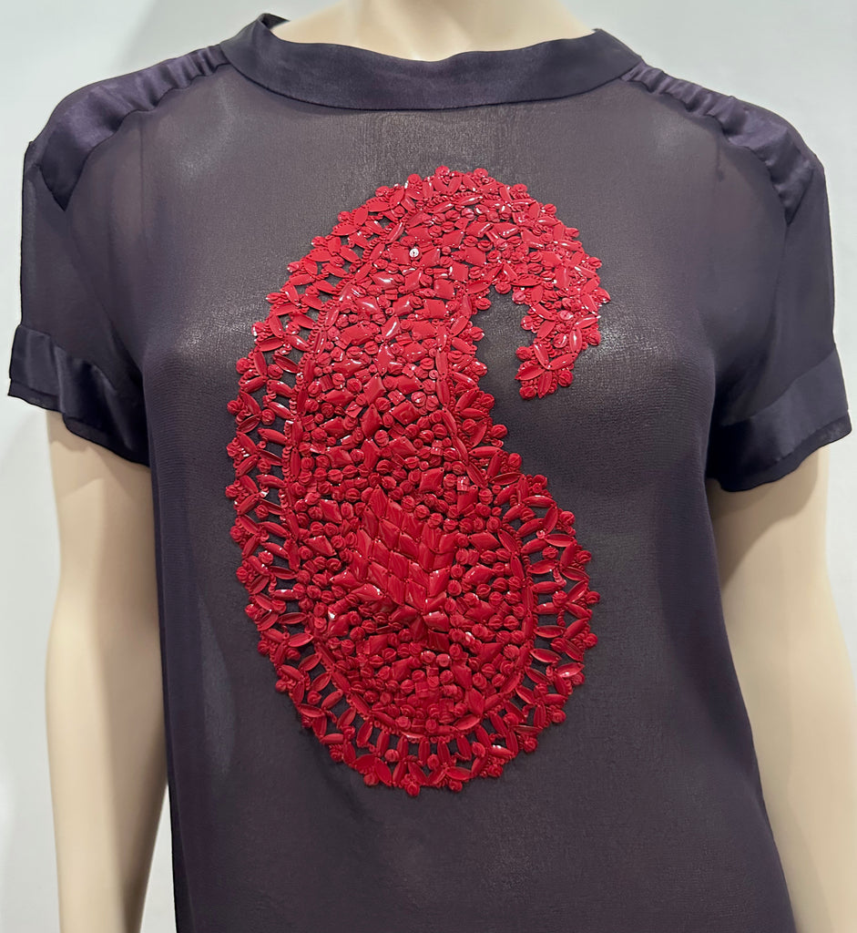 DRIES VAN NOTEN Black Sheer Red Sequin Bead Detail Short Sleeve Blouse Shirt Top