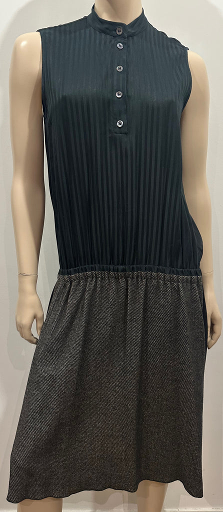 LUZ Green Pinstripe Bodice Drop Waist Pleated Rear Skirt Sleeveless Dress UK10