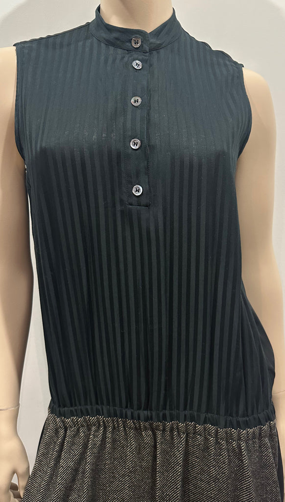 LUZ Green Pinstripe Bodice Drop Waist Pleated Rear Skirt Sleeveless Dress UK10