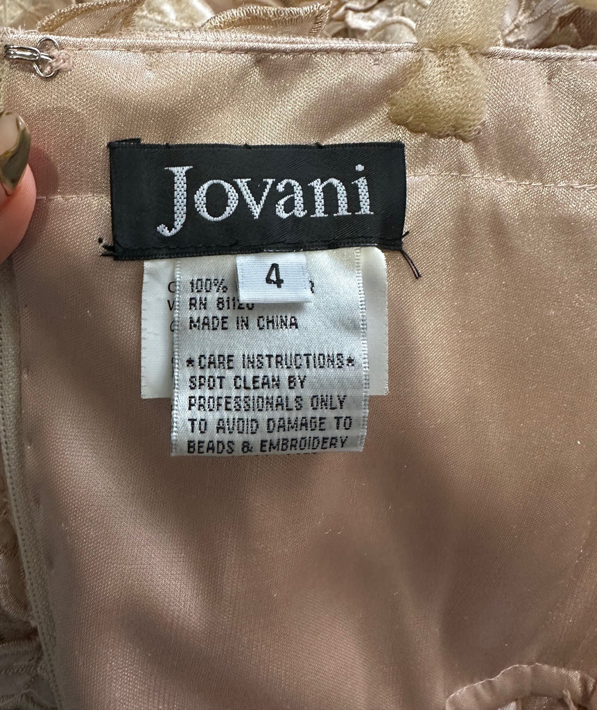 JOVANI Champagne Floral Stitch and Mesh Sleeveless Cocktail Evening Dress - US 4 UK8