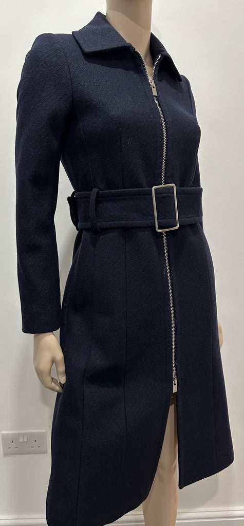 CLUB MONACO Navy Blue Textured Wool-Blend Belted Trench Coat with Silver Zip XS
