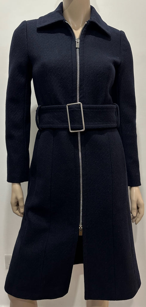 CLUB MONACO Navy Blue Textured Wool-Blend Belted Trench Coat with Silver Zip XS