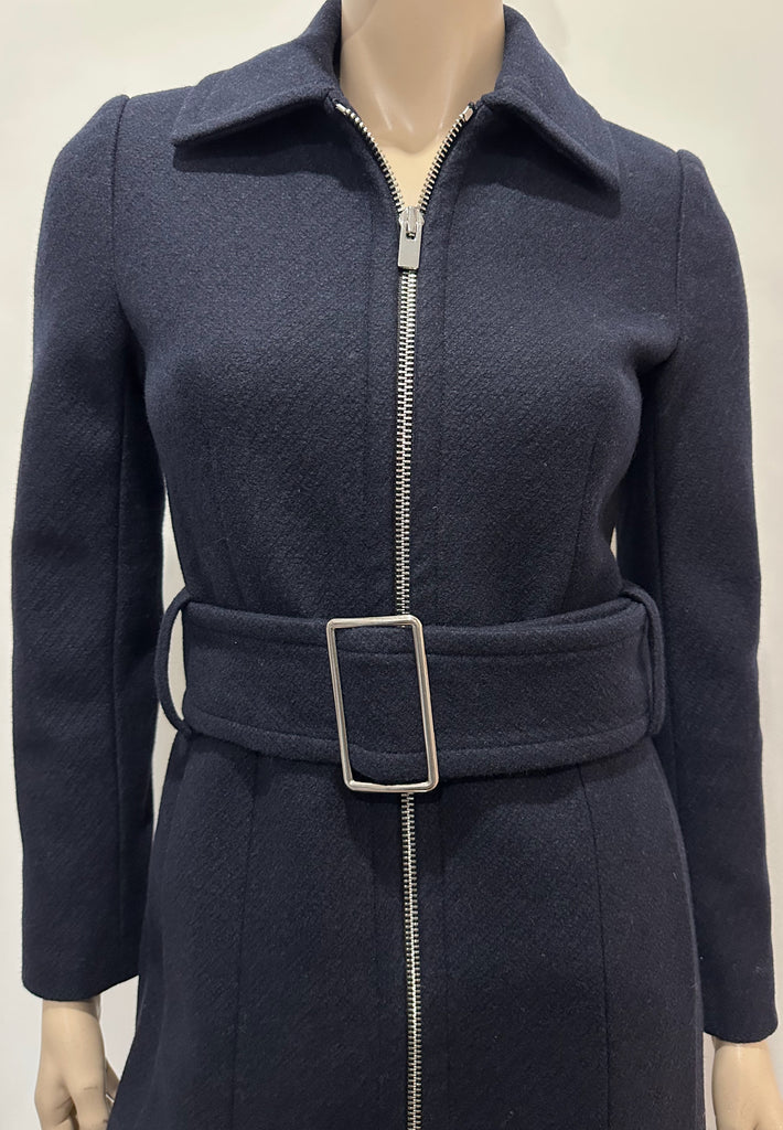 CLUB MONACO Navy Blue Textured Wool-Blend Belted Trench Coat with Silver Zip XS