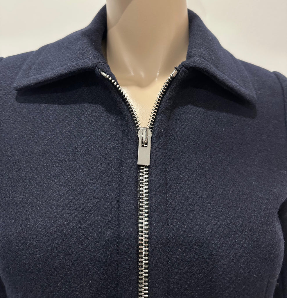 CLUB MONACO Navy Blue Textured Wool-Blend Belted Trench Coat with Silver Zip XS