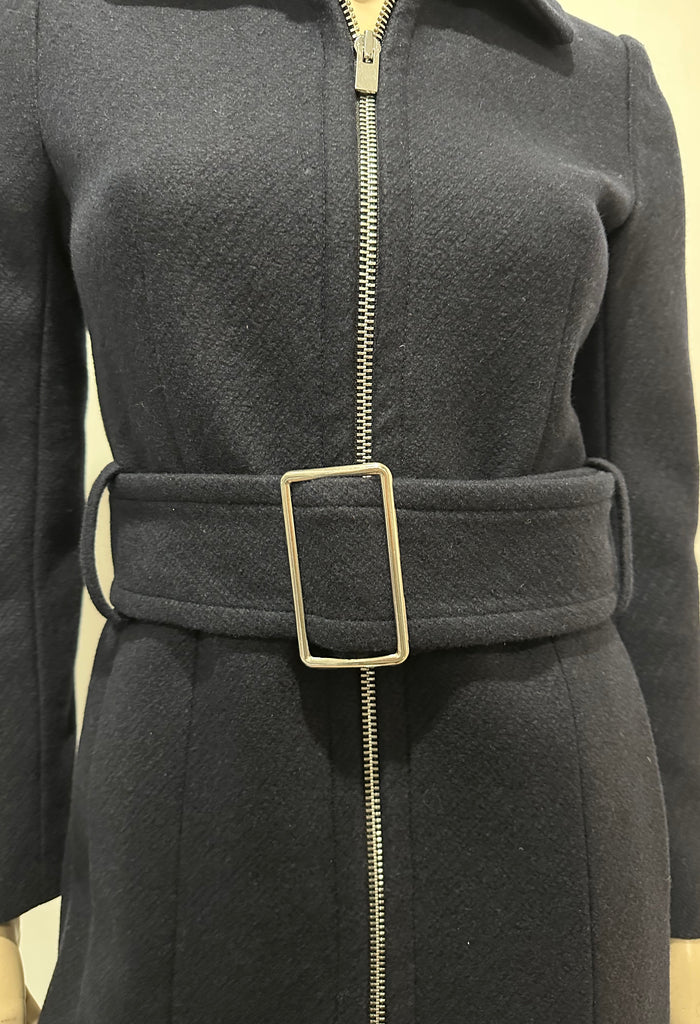 CLUB MONACO Navy Blue Textured Wool-Blend Belted Trench Coat with Silver Zip XS
