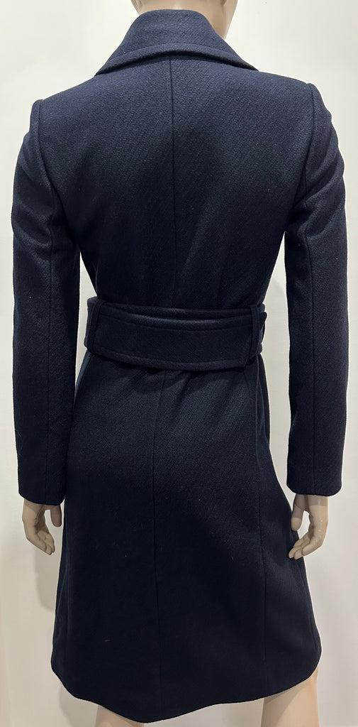 CLUB MONACO Navy Blue Textured Wool-Blend Belted Trench Coat with Silver Zip XS