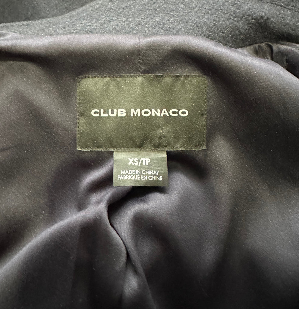 CLUB MONACO Navy Blue Textured Wool-Blend Belted Trench Coat with Silver Zip XS