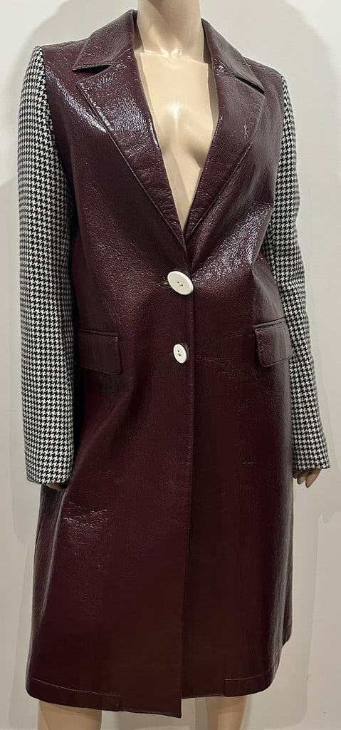 WANDA NYLON Burgundy Houndstooth Tweed-Paneled Textured Vinyl Coat F38 UK10