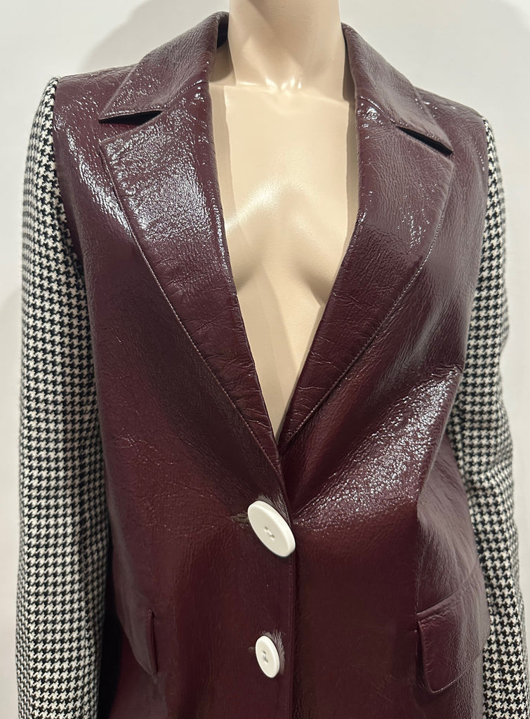 WANDA NYLON Burgundy Houndstooth Tweed-Paneled Textured Vinyl Coat F38 UK10