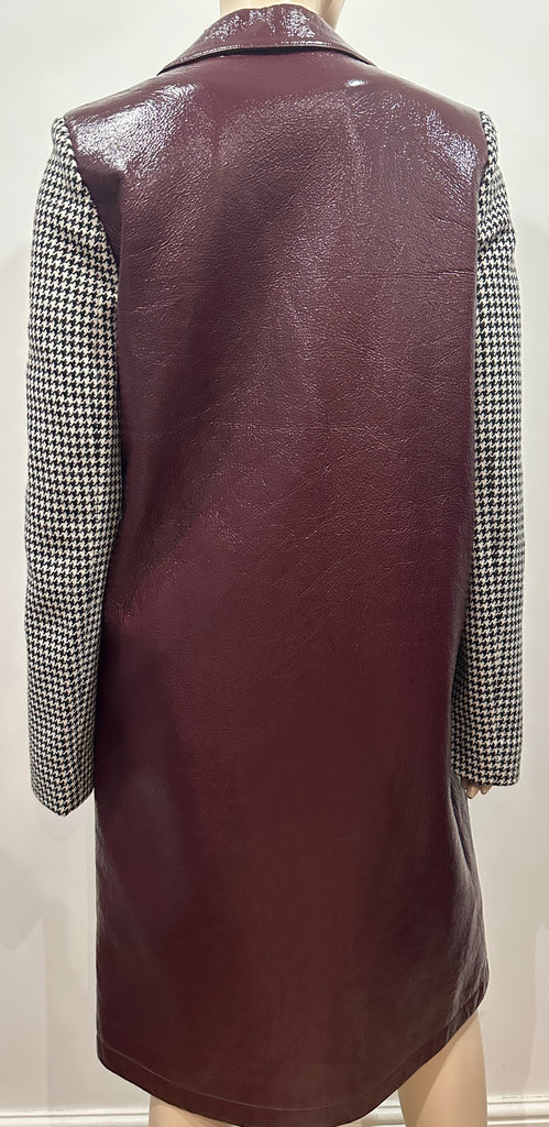 WANDA NYLON Burgundy Houndstooth Tweed-Paneled Textured Vinyl Coat F38 UK10