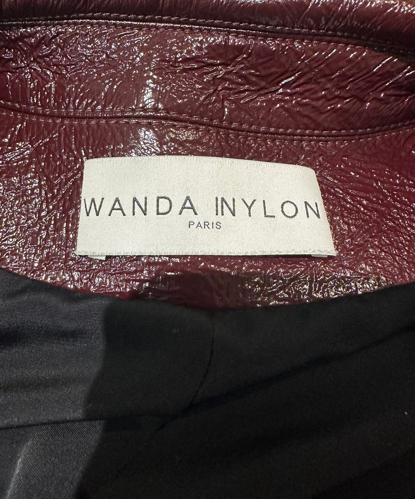 WANDA NYLON Burgundy Houndstooth Tweed-Paneled Textured Vinyl Coat F38 UK10