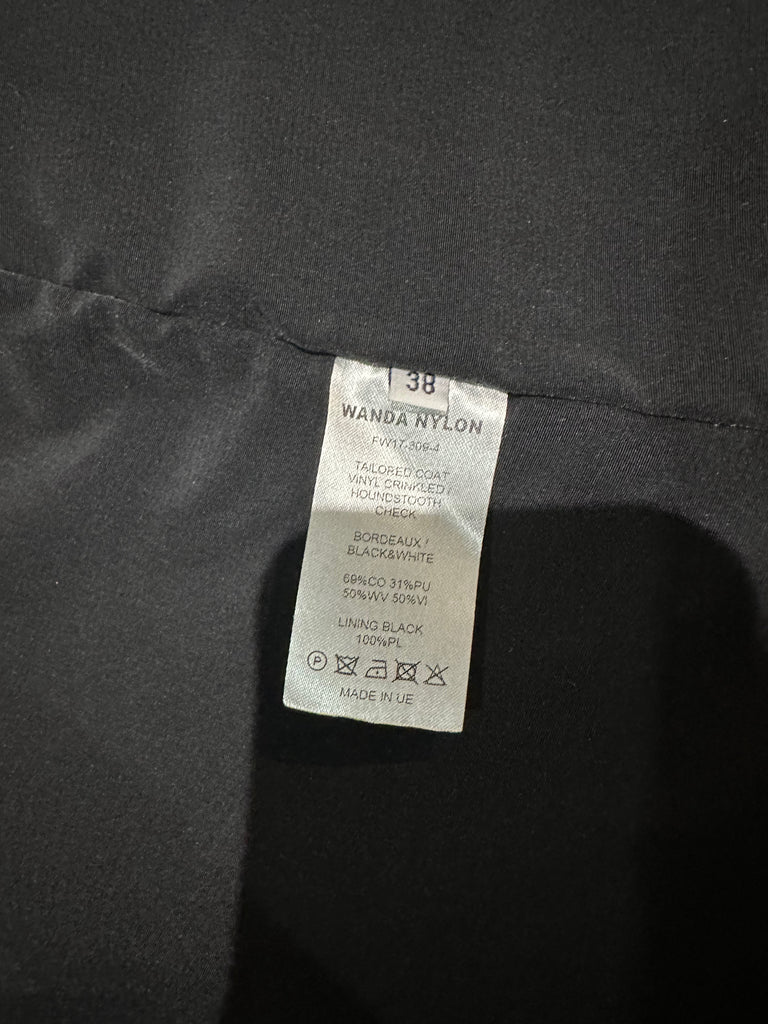 WANDA NYLON Burgundy Houndstooth Tweed-Paneled Textured Vinyl Coat F38 UK10