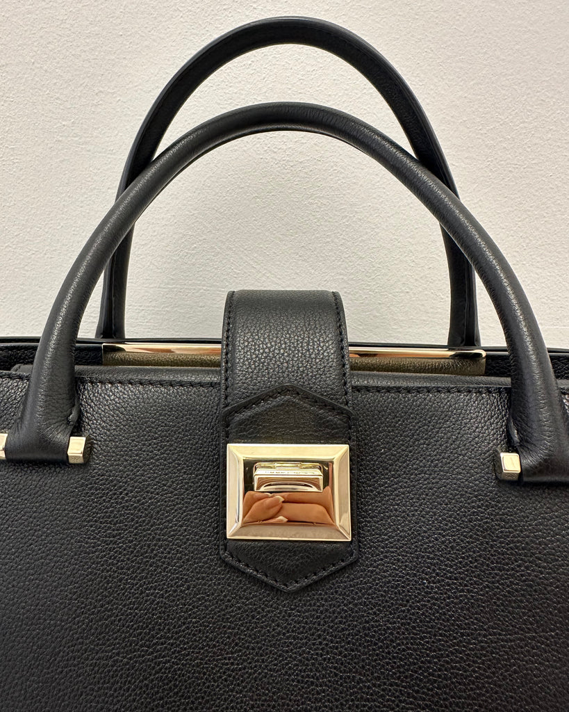 JIMMY CHOO Black Leather Dual Handle Gold Tone Branded Lined Tote Bag Handbag