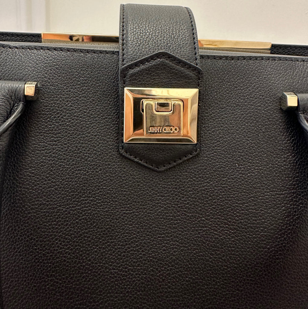 JIMMY CHOO Black Leather Dual Handle Gold Tone Branded Lined Tote Bag Handbag