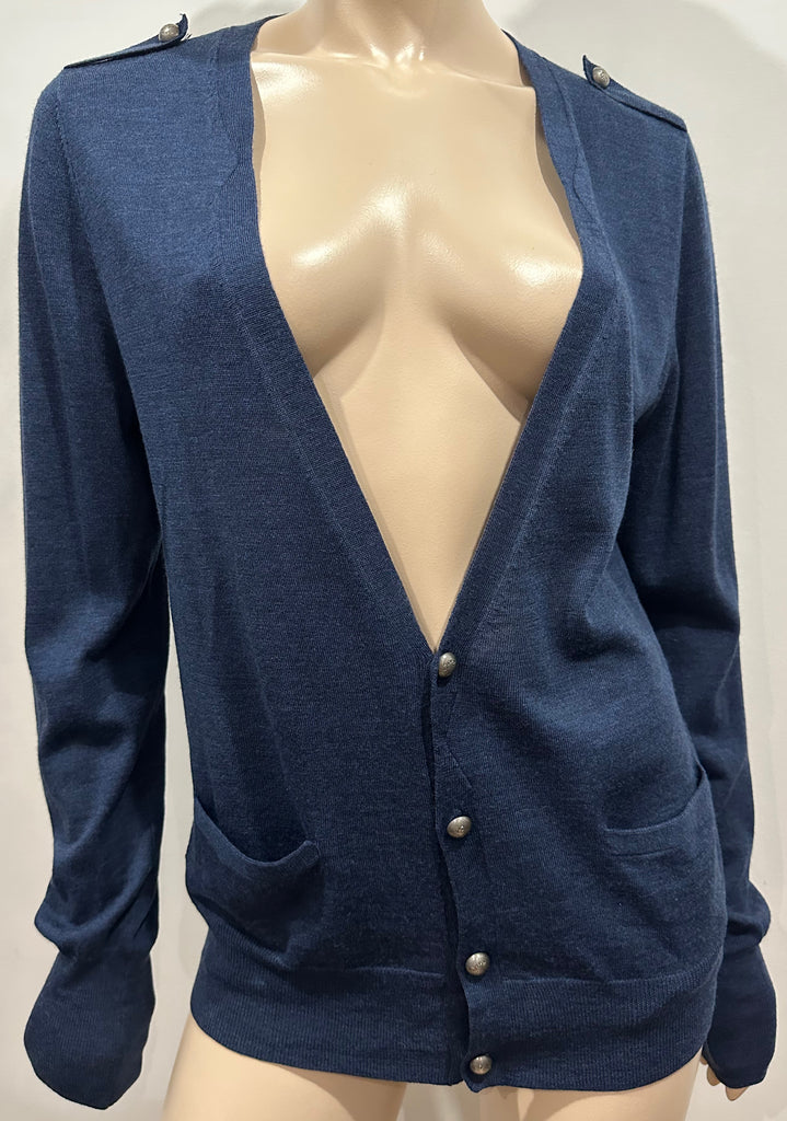 ZADIG & VOLTAIRE Navy Blue 100% Merino Wool V Neck Long Sleeve Knitwear Cardigan