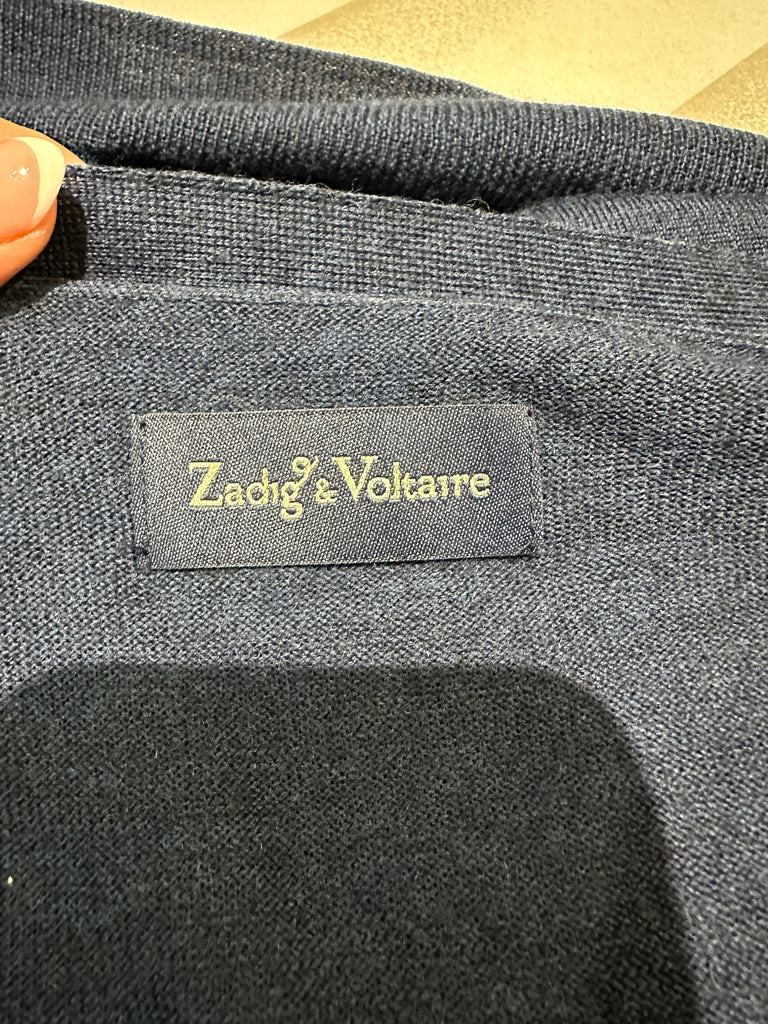 ZADIG & VOLTAIRE Navy Blue 100% Merino Wool V Neck Long Sleeve Knitwear Cardigan