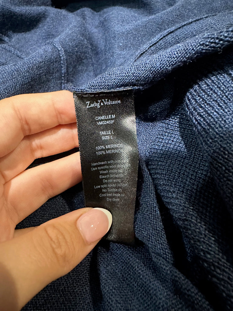 ZADIG & VOLTAIRE Navy Blue 100% Merino Wool V Neck Long Sleeve Knitwear Cardigan