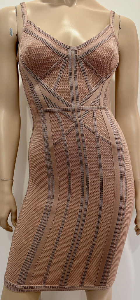 HERVE LEGER Dusky Pink & Blue Stitch Detail Bandage Bodycon Short Mini Dress XS