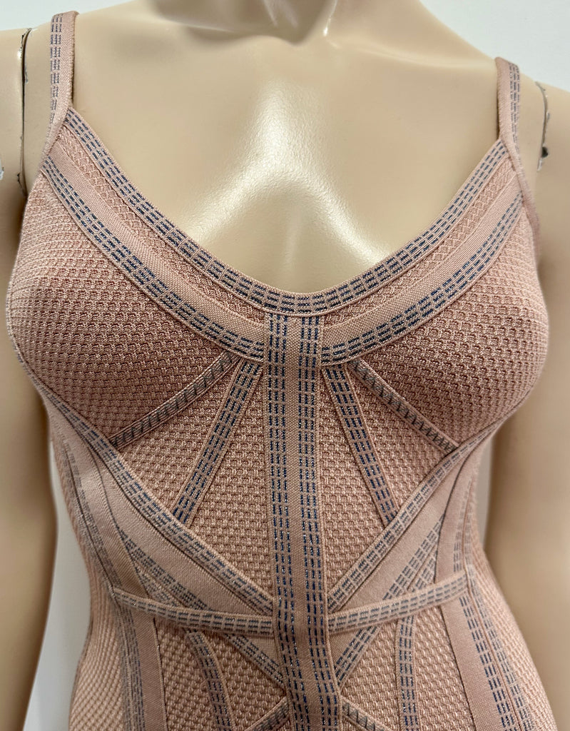 HERVE LEGER Dusky Pink & Blue Stitch Detail Bandage Bodycon Short Mini Dress XS