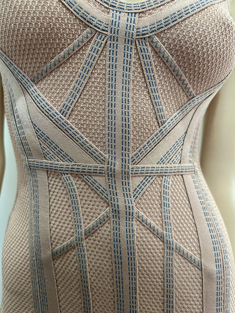 HERVE LEGER Dusky Pink & Blue Stitch Detail Bandage Bodycon Short Mini Dress XS