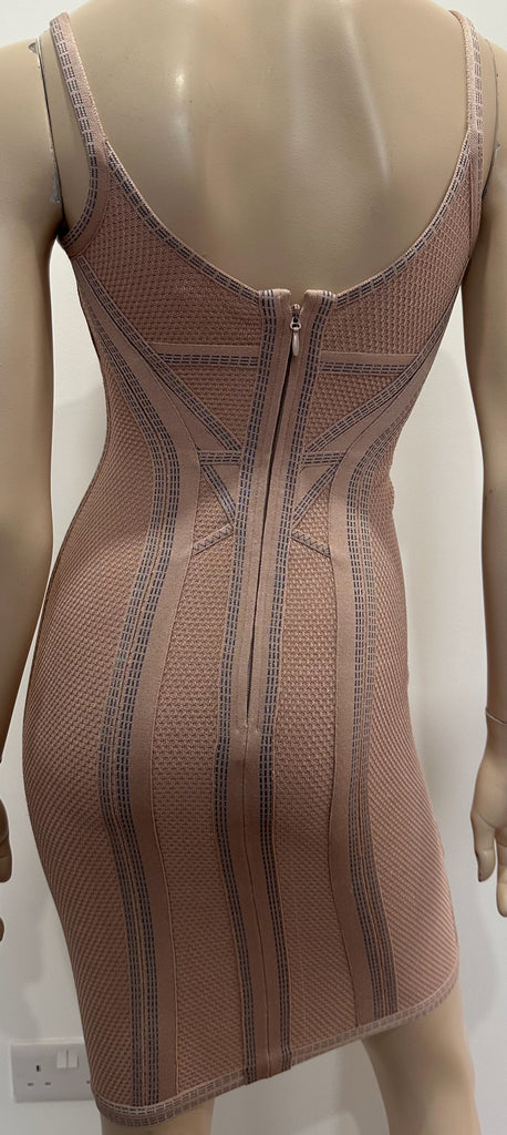 HERVE LEGER Dusky Pink & Blue Stitch Detail Bandage Bodycon Short Mini Dress XS