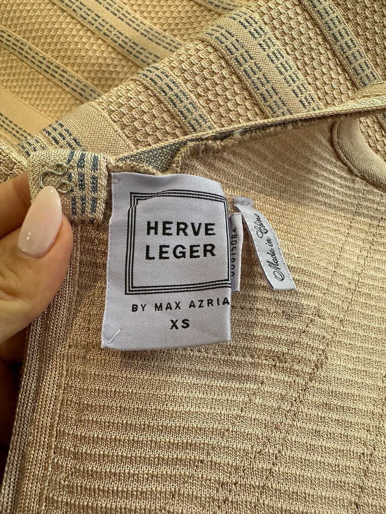 HERVE LEGER Dusky Pink & Blue Stitch Detail Bandage Bodycon Short Mini Dress XS