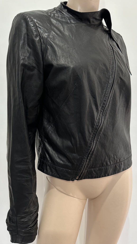 ANNE VALERIE HASH Black Leather Asymmetrical Zipper Fastened Lined Jacket UK10