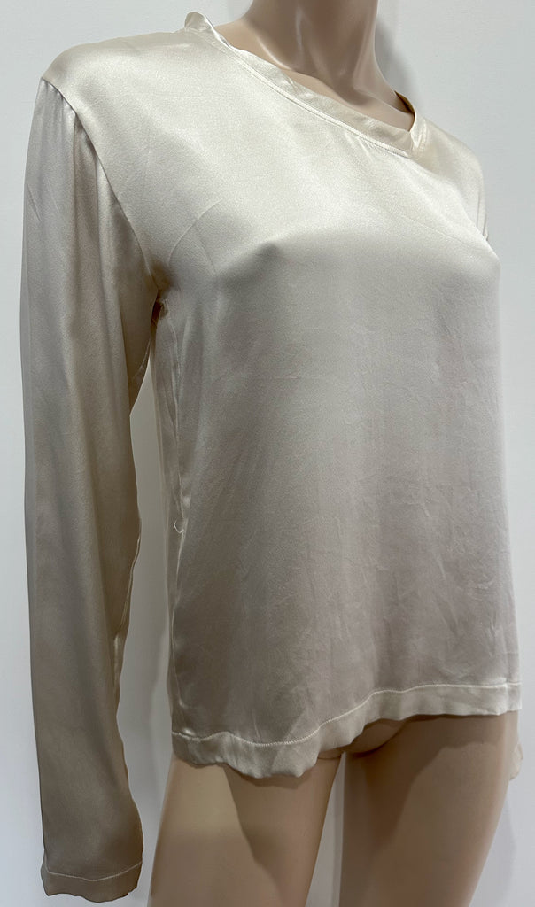 YVES SAINT LAURENT RIVE GAUCHE Cream 100% Silk Sheen Long Sleeve Blouse Top M