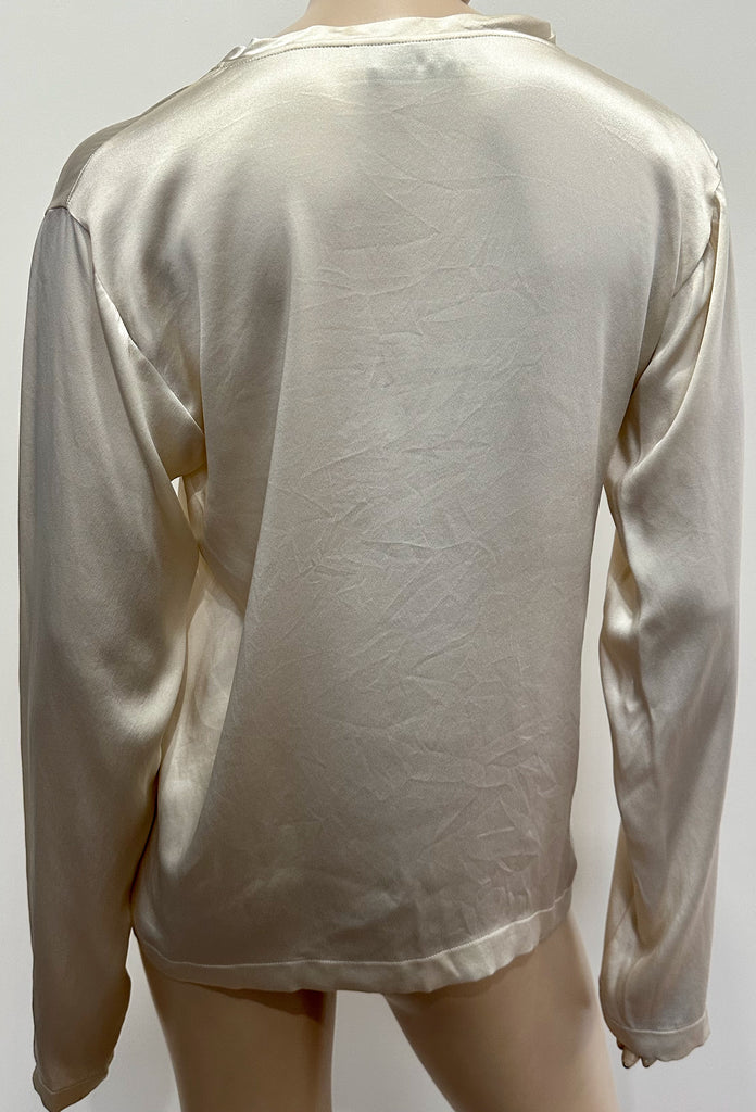 YVES SAINT LAURENT RIVE GAUCHE Cream 100% Silk Sheen Long Sleeve Blouse Top M